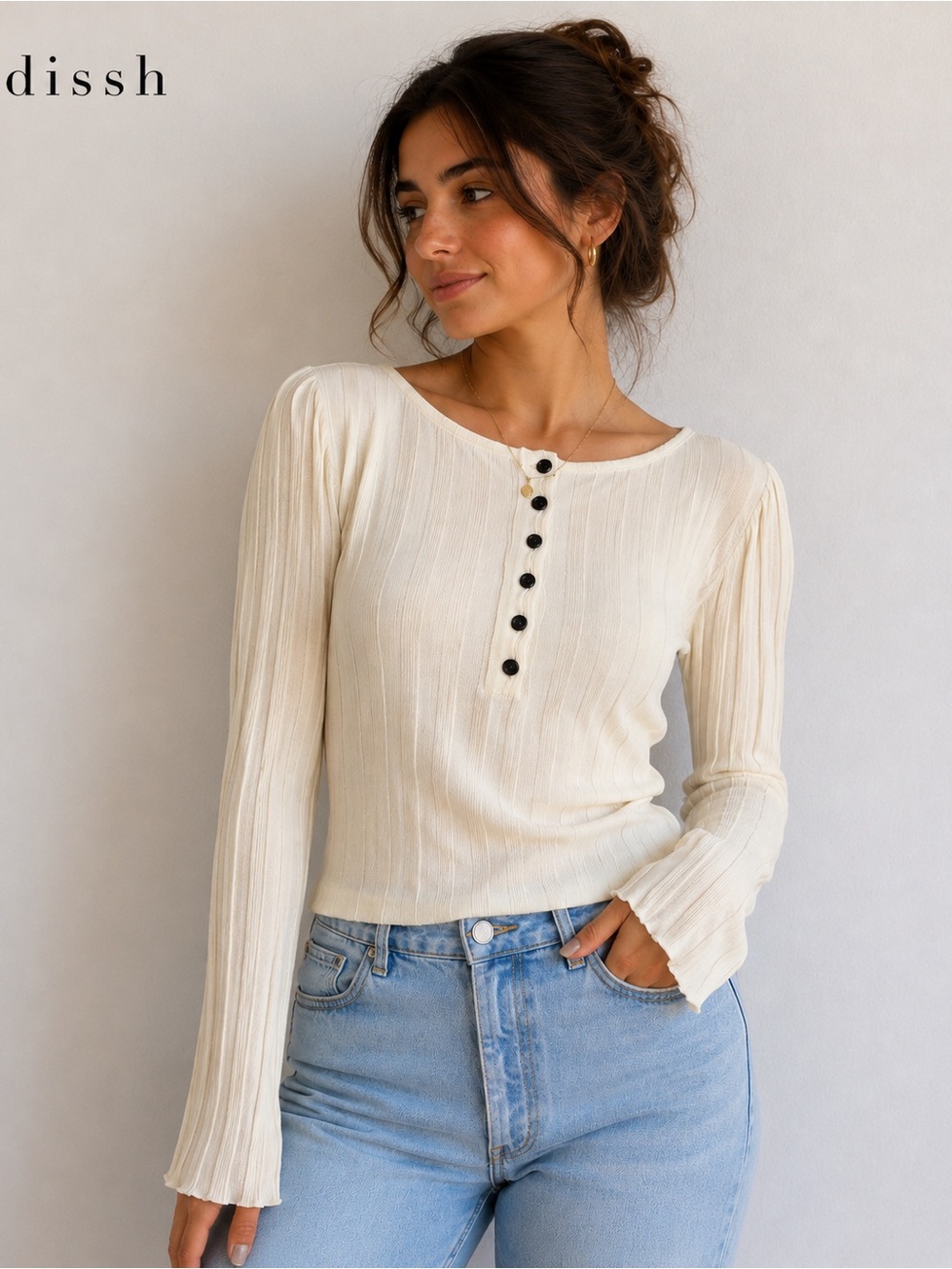 DISSH Cream Ribbed Button Front Long Sleeve Top Size M Cottagecore